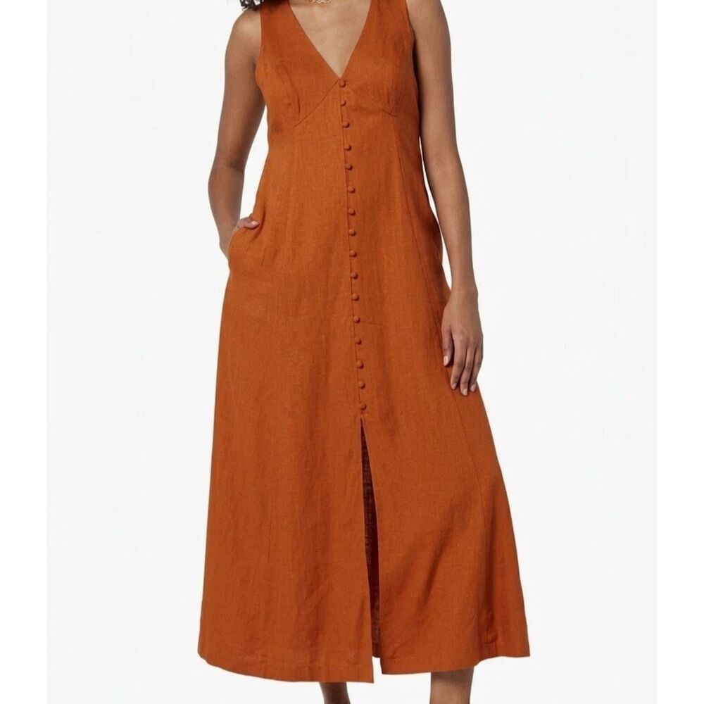 The Drop Blanca Linen Maxi Dress Womens 4X Button-Front V-Neck Golden Orange New